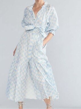 NEW $475 Cynthia Rowley Maxi Dress Saratoga M Geometric White Blue Tie Boho